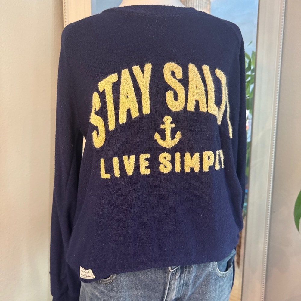 Simply Southern Navy Sweater with Yellow 'Stay Salty' Graphic